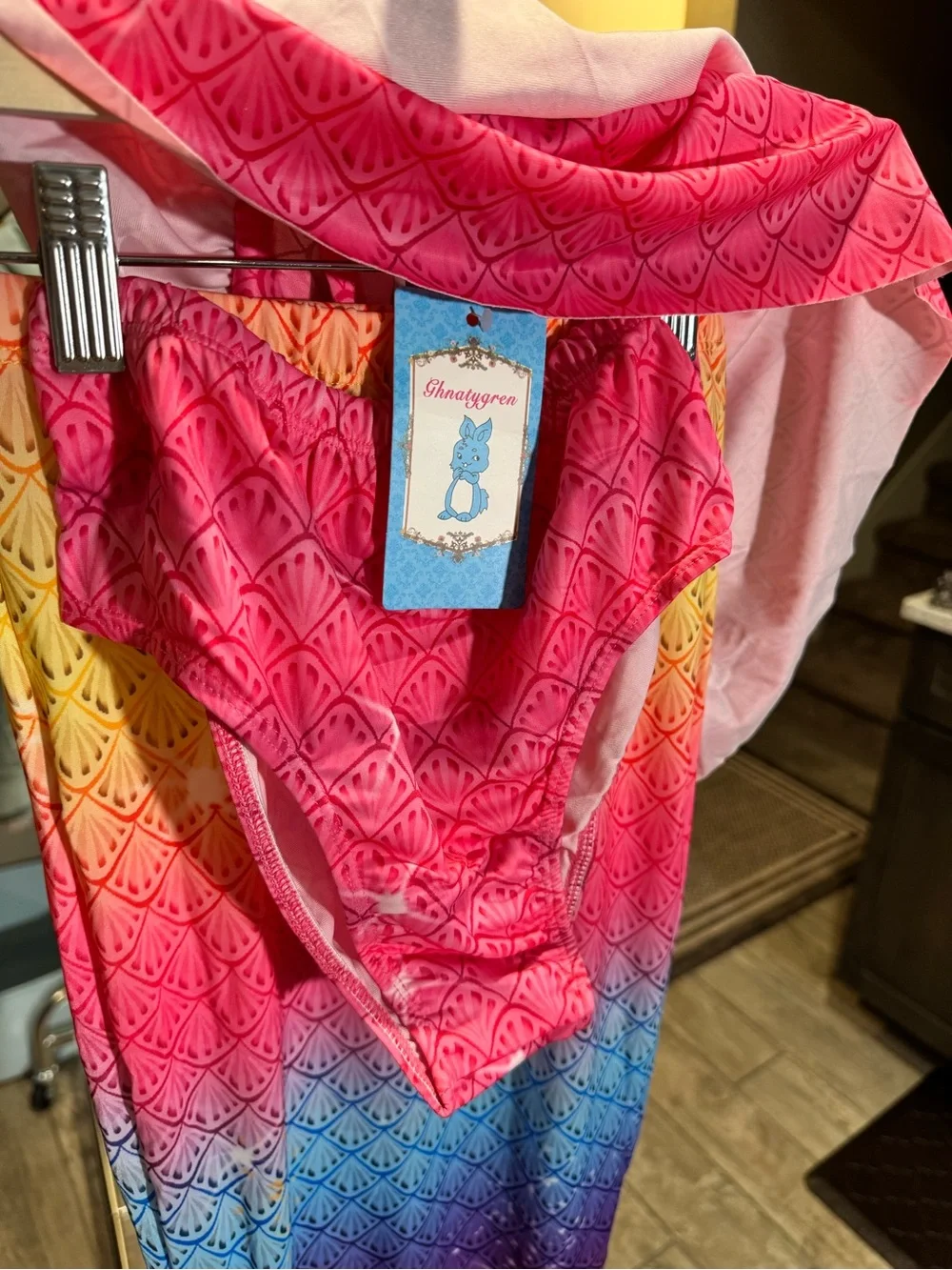 Girls Pink Multicolor Mermaid One-Piece Swimsuit with Floral Headband